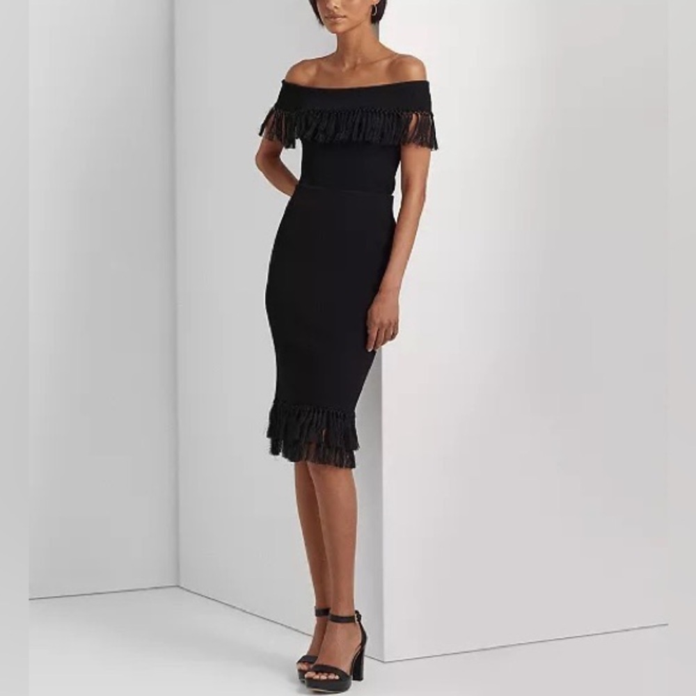 nwt $225 Lauren Ralph Lauren Rib-Knit Pencil Skirt with Fringe-Trim Black Small - Picture 12 of 15